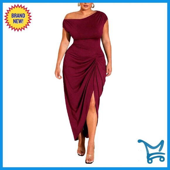 Dresses & Skirts - Plus Size Asymmetrical Neck Long Dress Ruched Slit Hem Elegant Cocktail